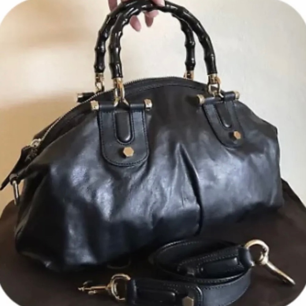 Gucci Black Leather Bamboo Stud Handbag Medium 2 Way Shoulder bag